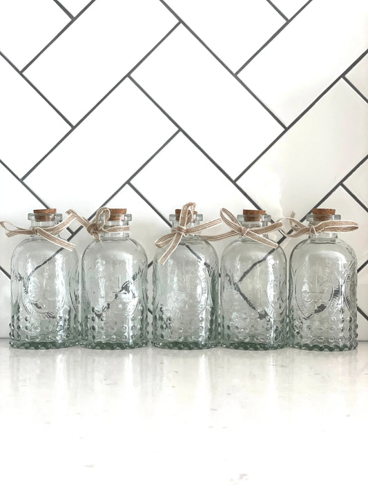 Glass Embossed Bottles with Cork Lids - Set of 5 MATOLI HOME